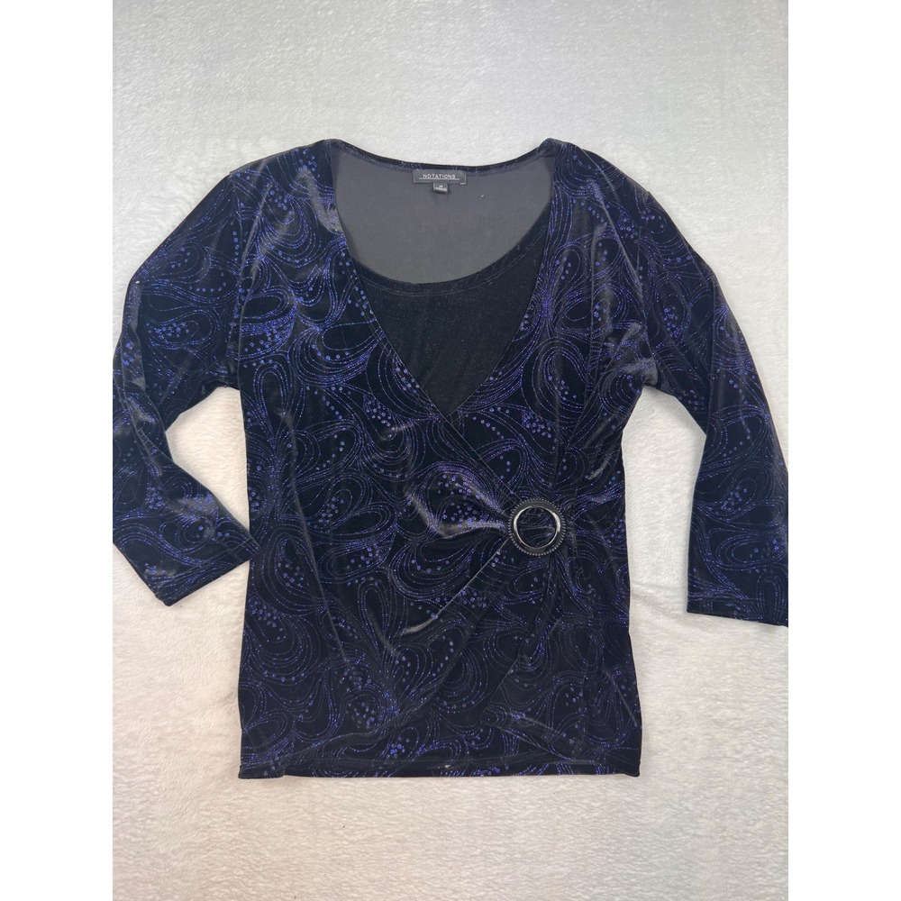 Notations Womens Black Blue Glitter Paisley Velvet Wrap Top Size M 90's